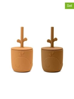 Done By Deer 2-delige Set: Bekers Met Rietje "Wally" Lichtbruin - Vanaf 12 Maanden