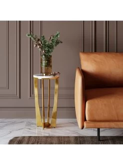 Bijzettafel "Kala" Goudkleurig/wit - (H)57 X Ø 28 Cm -Home Uitgebreid Winkel kare bijzettafel kala goudkleurig wit h 57 x o 28 cm 5